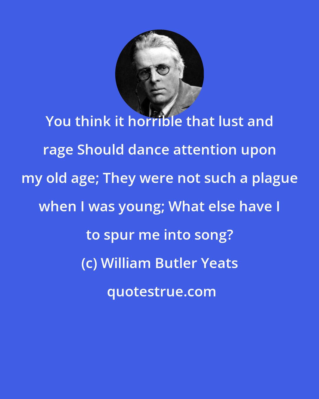 William Butler Yeats: You think it horrible that lust and rage Should dance attention upon my old age; They were not such a plague when I was young; What else have I to spur me into song?