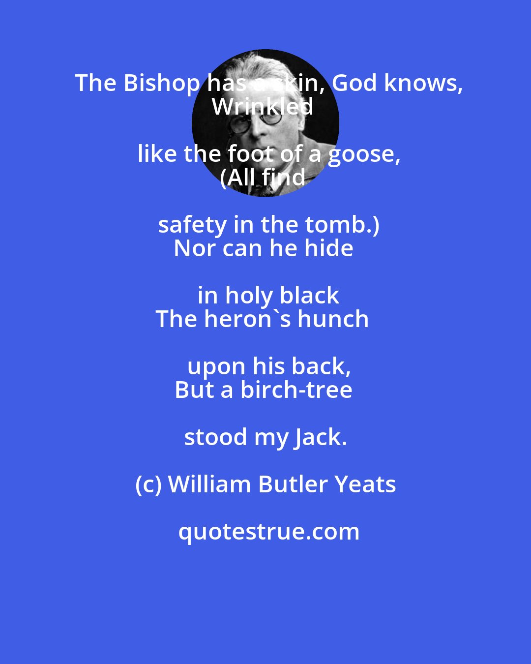 William Butler Yeats: The Bishop has a skin, God knows,
Wrinkled like the foot of a goose,
(All find safety in the tomb.)
Nor can he hide in holy black
The heron's hunch upon his back,
But a birch-tree stood my Jack.