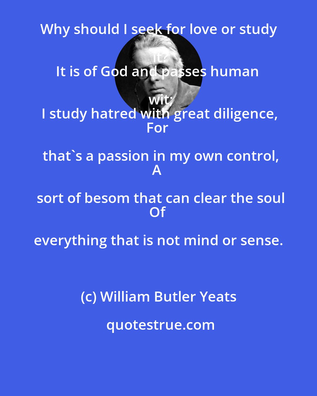 William Butler Yeats: Why should I seek for love or study it?
It is of God and passes human wit;
I study hatred with great diligence,
For that's a passion in my own control,
A sort of besom that can clear the soul
Of everything that is not mind or sense.