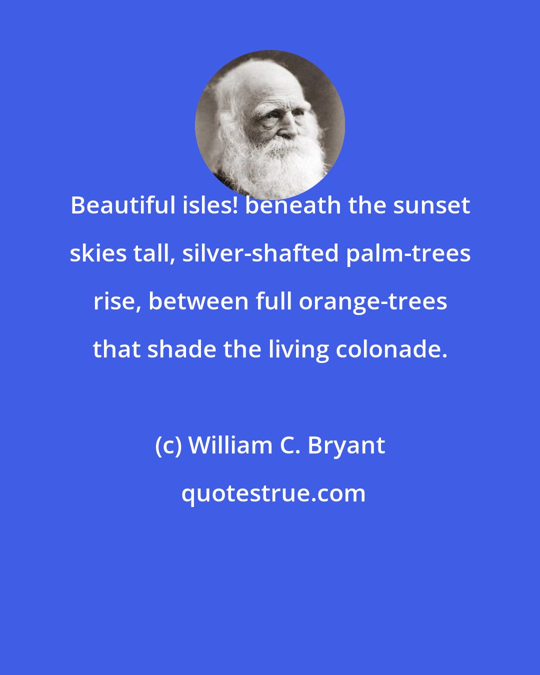 William C. Bryant: Beautiful isles! beneath the sunset skies tall, silver-shafted palm-trees rise, between full orange-trees that shade the living colonade.