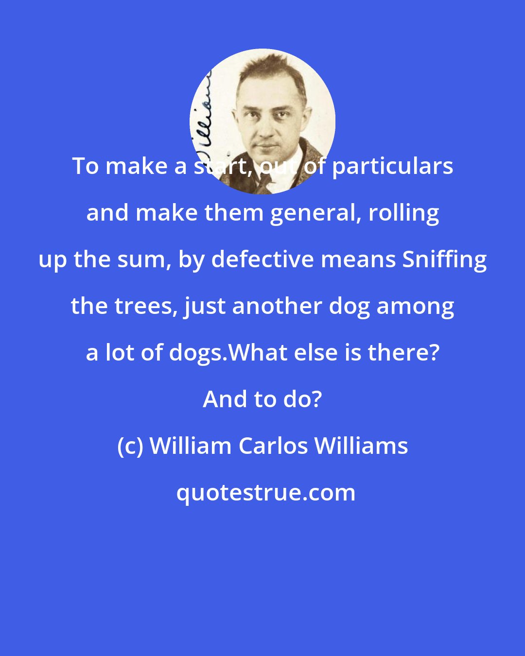William Carlos Williams: To make a start, out of particulars and make them general, rolling up the sum, by defective means Sniffing the trees, just another dog among a lot of dogs.What else is there? And to do?