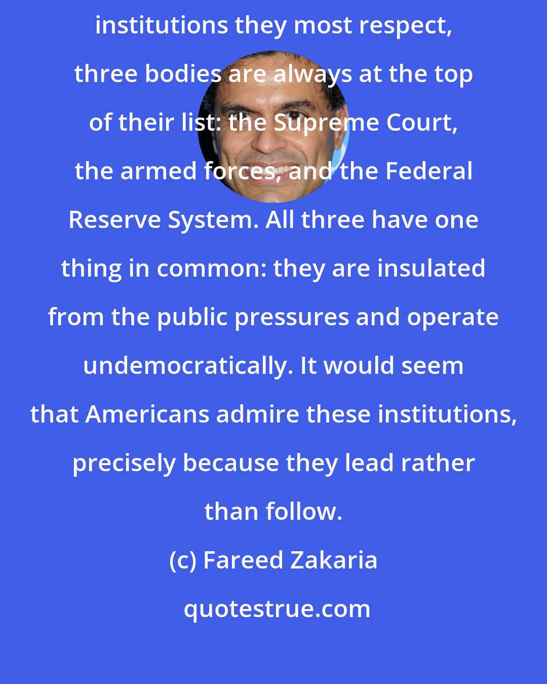 Fareed Zakaria: Intriguingly, in poll after poll, when Americans are asked what public institutions they most respect, three bodies are always at the top of their list: the Supreme Court, the armed forces, and the Federal Reserve System. All three have one thing in common: they are insulated from the public pressures and operate undemocratically. It would seem that Americans admire these institutions, precisely because they lead rather than follow.