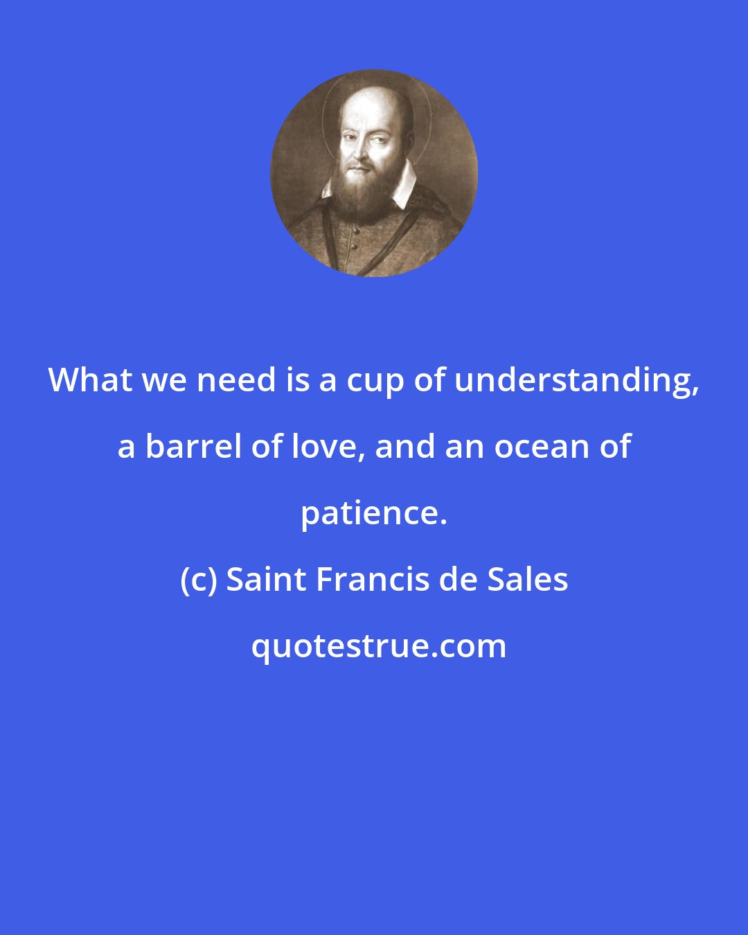Saint Francis de Sales: What we need is a cup of understanding, a barrel of love, and an ocean of patience.