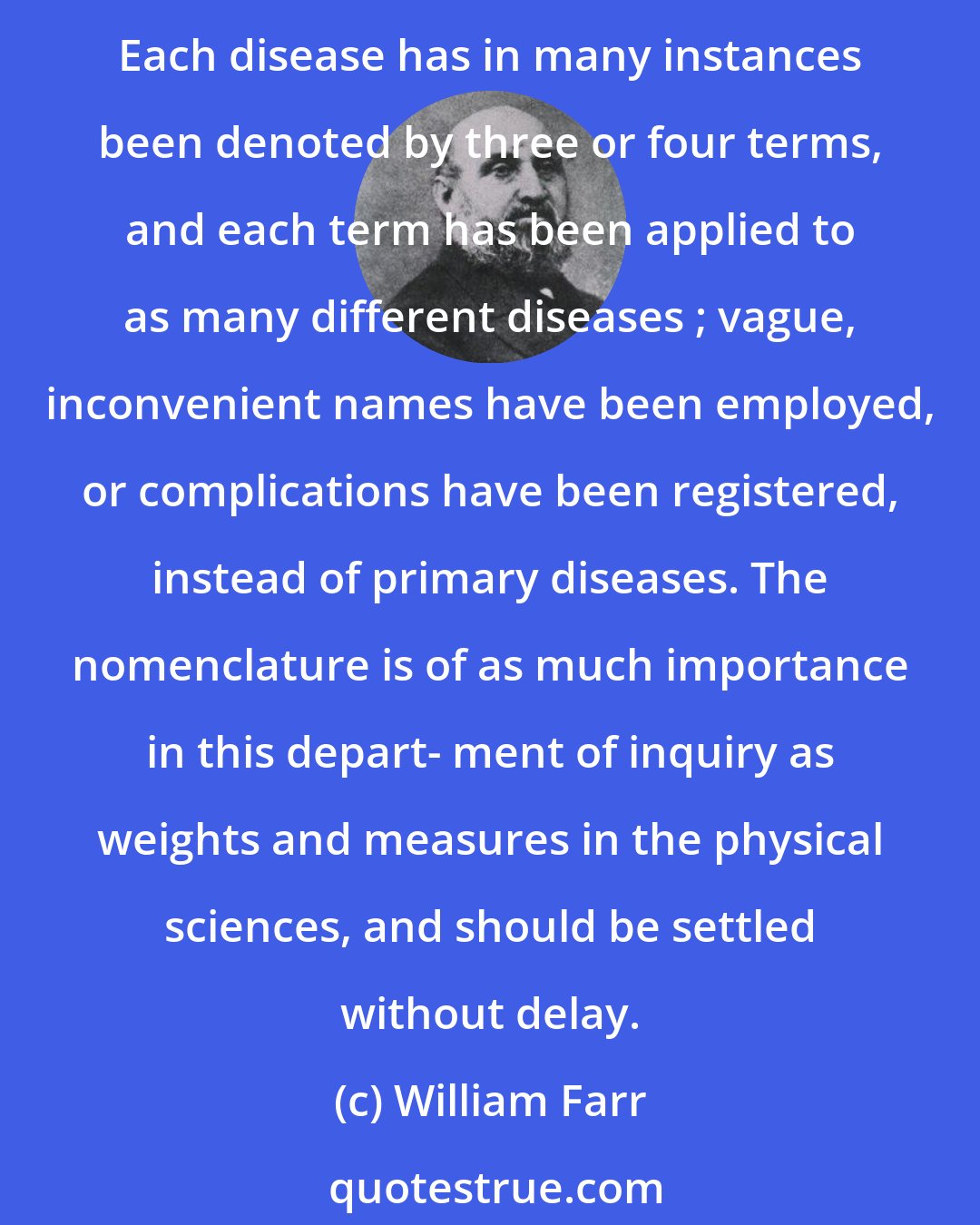 William Farr: The advantages of a uniform statistical nomenclature, however im- perfect, are so obvious, that it is surprising no attention has been paid to its enforcement in bills of mortality. Each disease has in many instances been denoted by three or four terms, and each term has been applied to as many different diseases ; vague, inconvenient names have been employed, or complications have been registered, instead of primary diseases. The nomenclature is of as much importance in this depart- ment of inquiry as weights and measures in the physical sciences, and should be settled without delay.