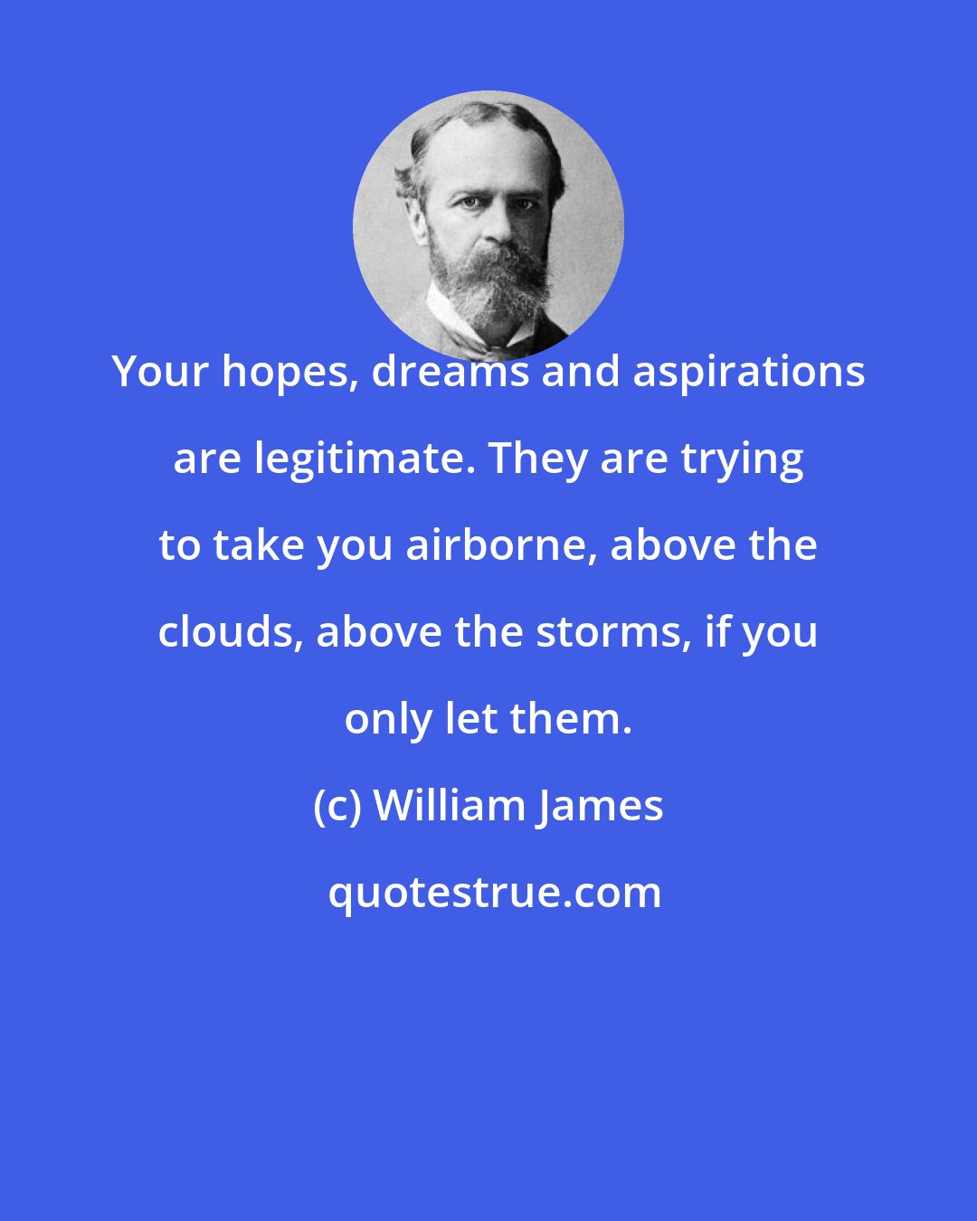 William James: Your hopes, dreams and aspirations are legitimate. They are trying to take you airborne, above the clouds, above the storms, if you only let them.