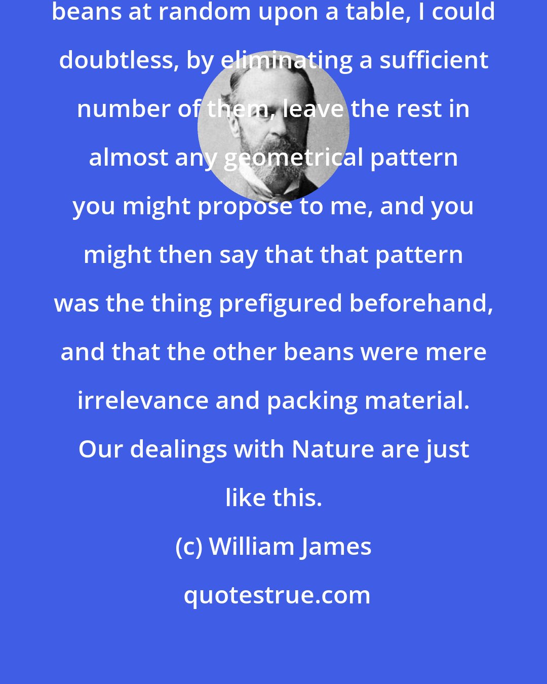 William James: If I should throw down a thousand beans at random upon a table, I could doubtless, by eliminating a sufficient number of them, leave the rest in almost any geometrical pattern you might propose to me, and you might then say that that pattern was the thing prefigured beforehand, and that the other beans were mere irrelevance and packing material. Our dealings with Nature are just like this.