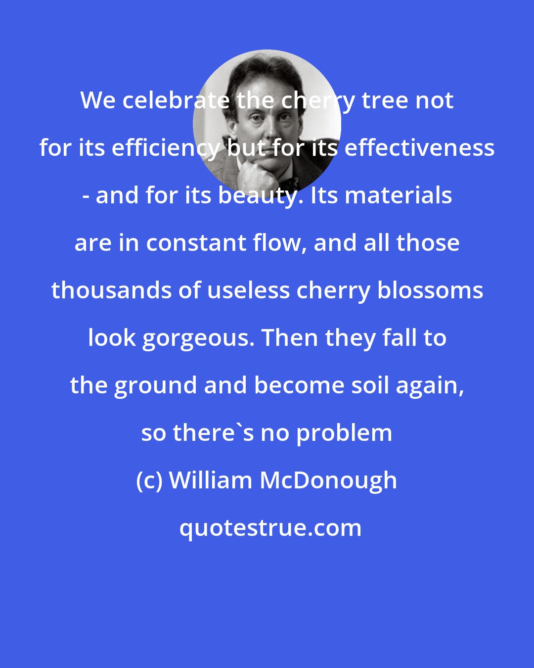 William McDonough: We celebrate the cherry tree not for its efficiency but for its effectiveness - and for its beauty. Its materials are in constant flow, and all those thousands of useless cherry blossoms look gorgeous. Then they fall to the ground and become soil again, so there's no problem