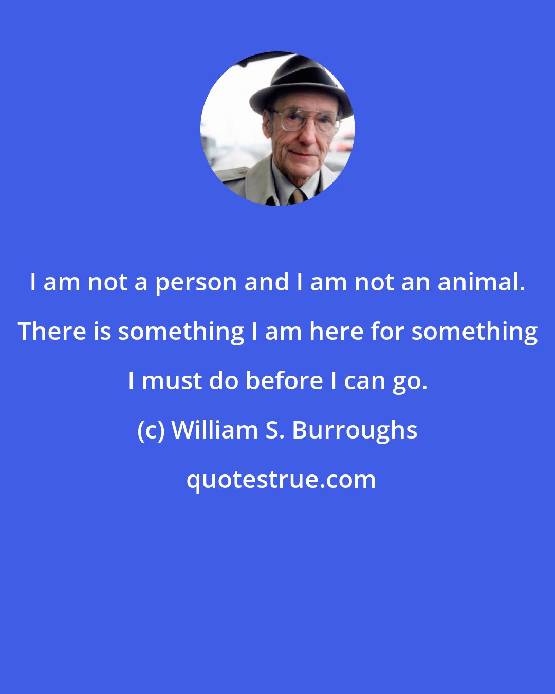 William S. Burroughs: I am not a person and I am not an animal. There is something I am here for something I must do before I can go.