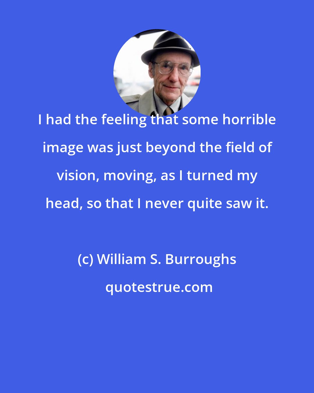 William S. Burroughs: I had the feeling that some horrible image was just beyond the field of vision, moving, as I turned my head, so that I never quite saw it.