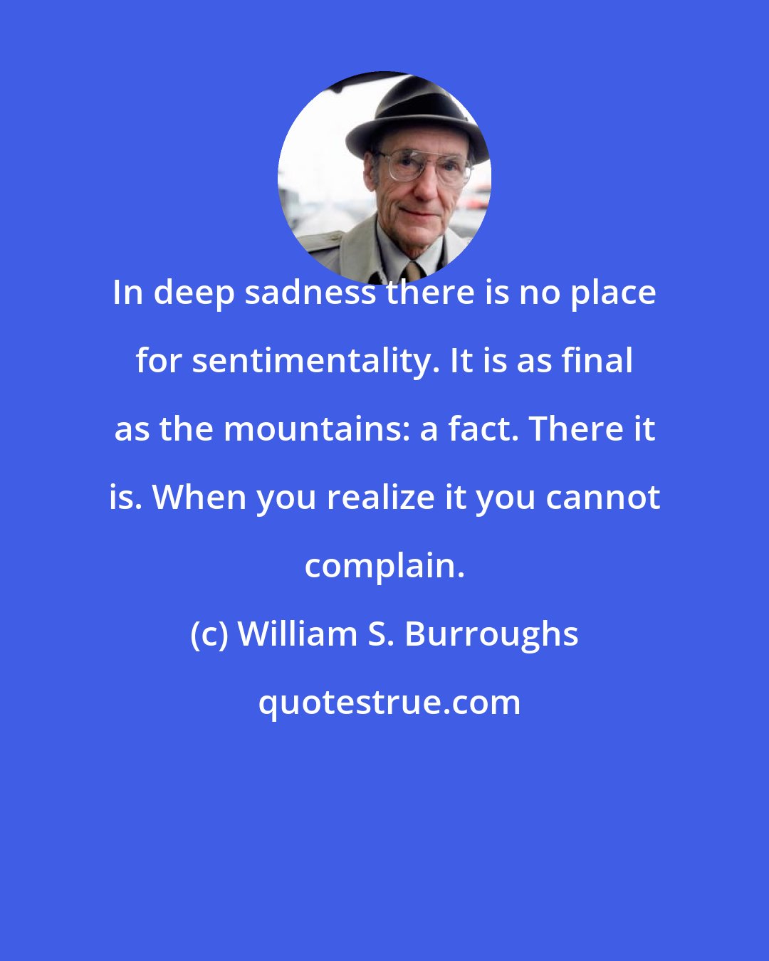 William S. Burroughs: In deep sadness there is no place for sentimentality. It is as final as the mountains: a fact. There it is. When you realize it you cannot complain.