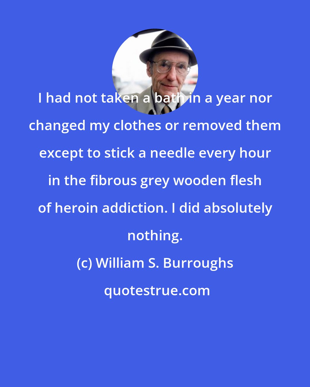 William S. Burroughs: I had not taken a bath in a year nor changed my clothes or removed them except to stick a needle every hour in the fibrous grey wooden flesh of heroin addiction. I did absolutely nothing.