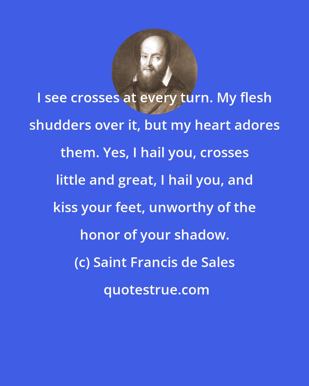 Saint Francis de Sales: I see crosses at every turn. My flesh shudders over it, but my heart adores them. Yes, I hail you, crosses little and great, I hail you, and kiss your feet, unworthy of the honor of your shadow.