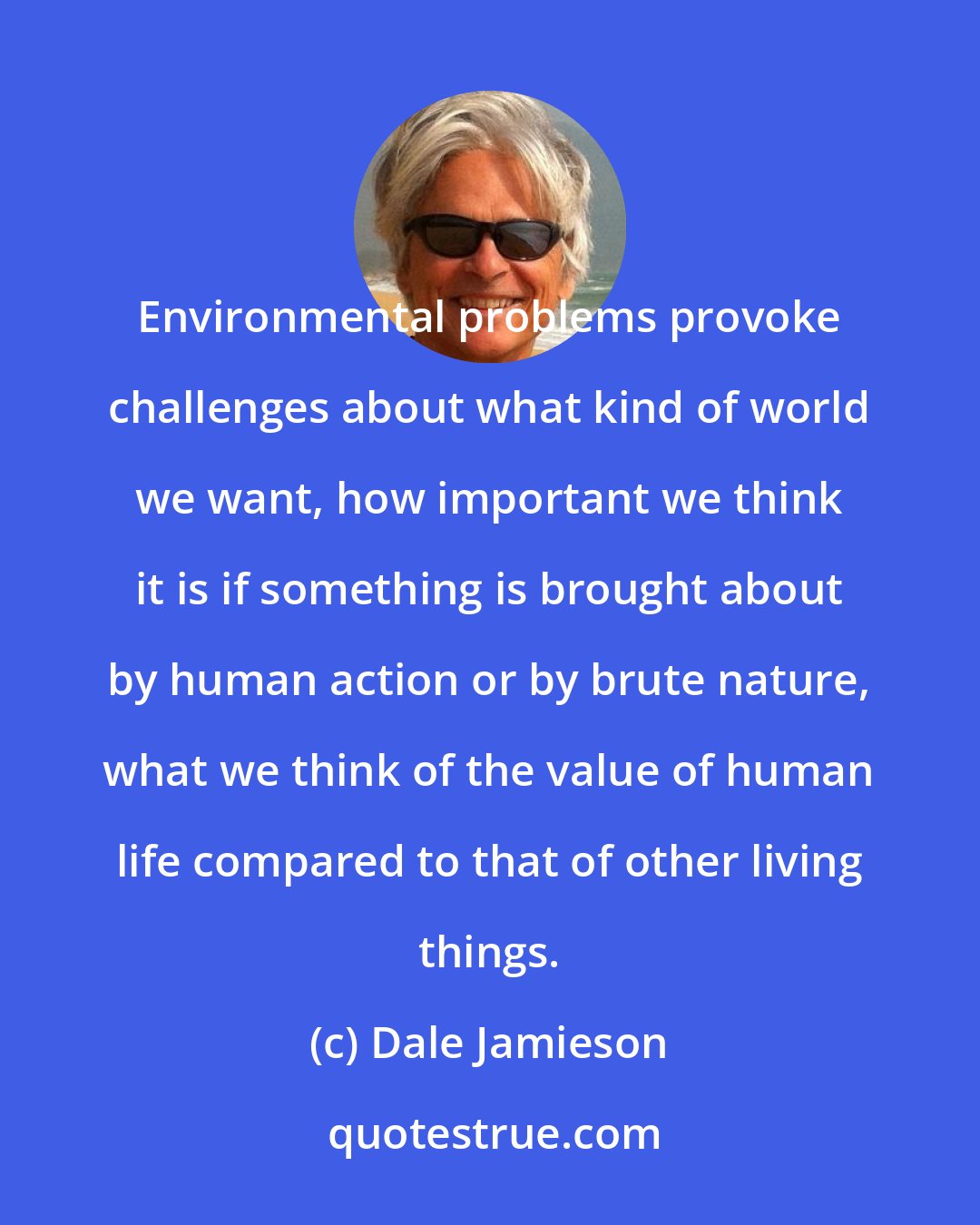 Dale Jamieson: Environmental problems provoke challenges about what kind of world we want, how important we think it is if something is brought about by human action or by brute nature, what we think of the value of human life compared to that of other living things.