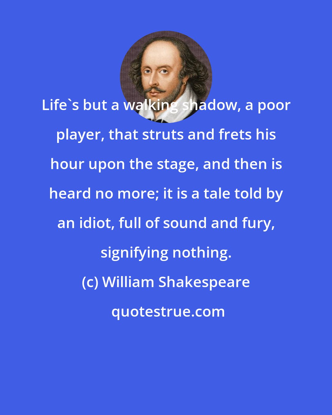 William Shakespeare: Life's but a walking shadow, a poor player, that struts and frets his hour upon the stage, and then is heard no more; it is a tale told by an idiot, full of sound and fury, signifying nothing.
