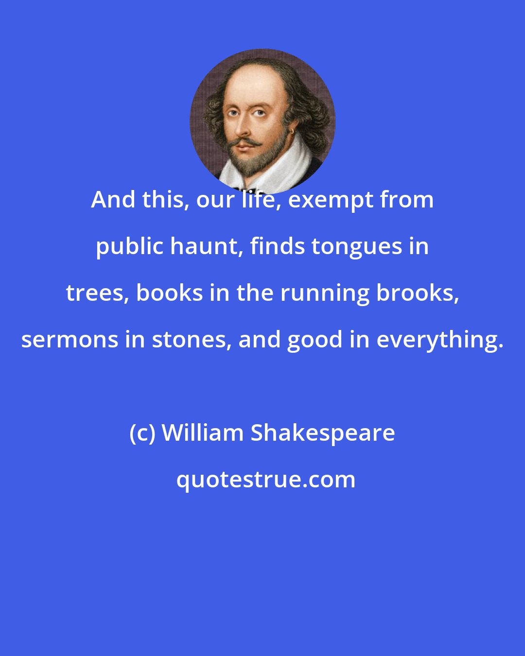 William Shakespeare: And this, our life, exempt from public haunt, finds tongues in trees, books in the running brooks, sermons in stones, and good in everything.