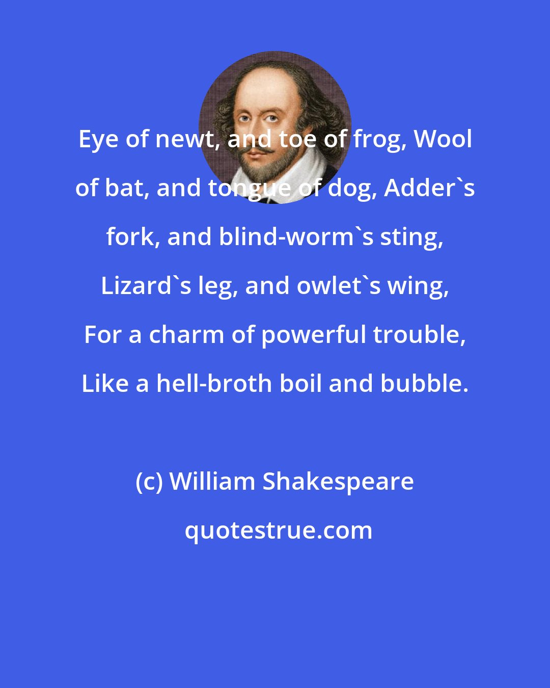 William Shakespeare: Eye of newt, and toe of frog, Wool of bat, and tongue of dog, Adder's fork, and blind-worm's sting, Lizard's leg, and owlet's wing, For a charm of powerful trouble, Like a hell-broth boil and bubble.