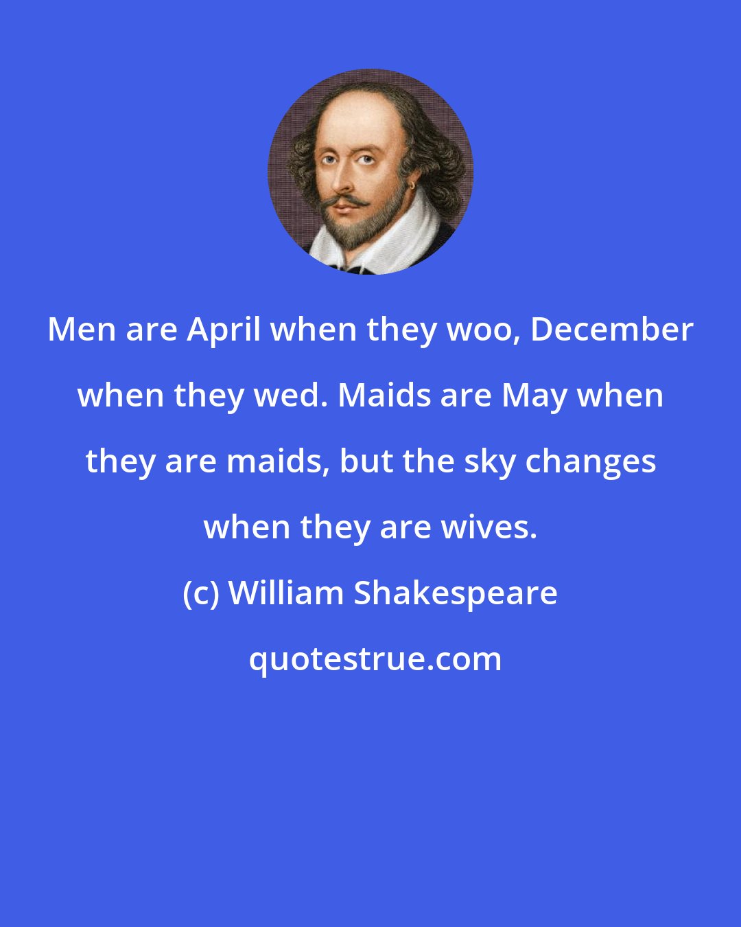 William Shakespeare: Men are April when they woo, December when they wed. Maids are May when they are maids, but the sky changes when they are wives.