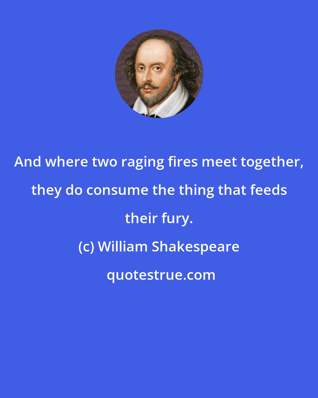 William Shakespeare: And where two raging fires meet together, they do consume the thing that feeds their fury.