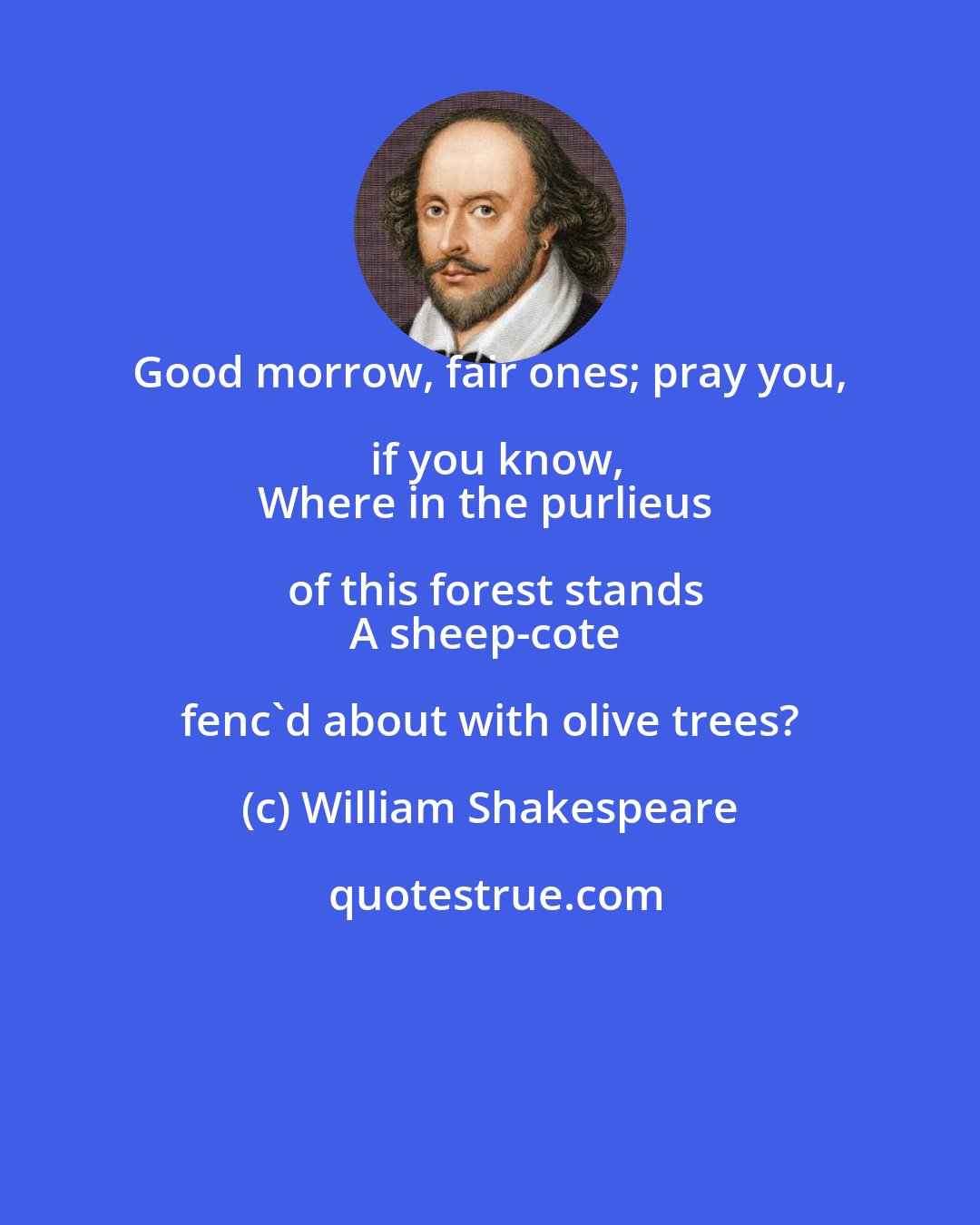 William Shakespeare: Good morrow, fair ones; pray you, if you know,
Where in the purlieus of this forest stands
A sheep-cote fenc'd about with olive trees?