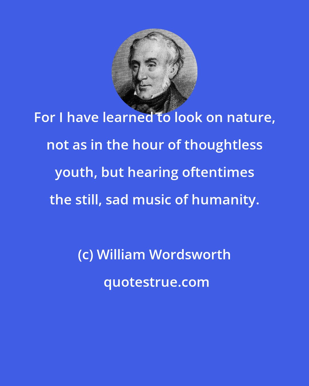 William Wordsworth: For I have learned to look on nature, not as in the hour of thoughtless youth, but hearing oftentimes the still, sad music of humanity.