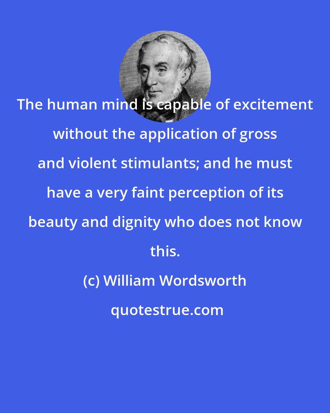 William Wordsworth: The human mind is capable of excitement without the application of gross and violent stimulants; and he must have a very faint perception of its beauty and dignity who does not know this.