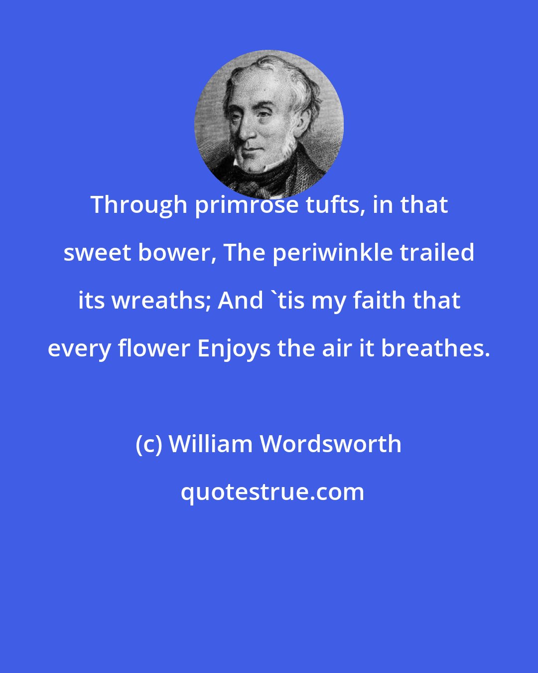 William Wordsworth: Through primrose tufts, in that sweet bower, The periwinkle trailed its wreaths; And 'tis my faith that every flower Enjoys the air it breathes.