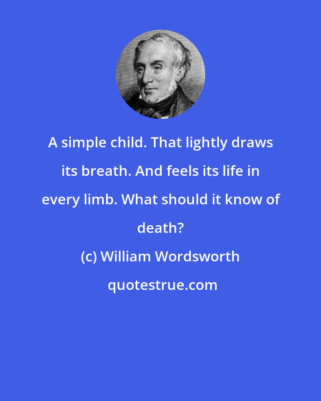 William Wordsworth: A simple child. That lightly draws its breath. And feels its life in every limb. What should it know of death?