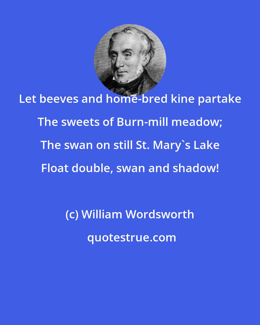 William Wordsworth: Let beeves and home-bred kine partake The sweets of Burn-mill meadow; The swan on still St. Mary's Lake Float double, swan and shadow!