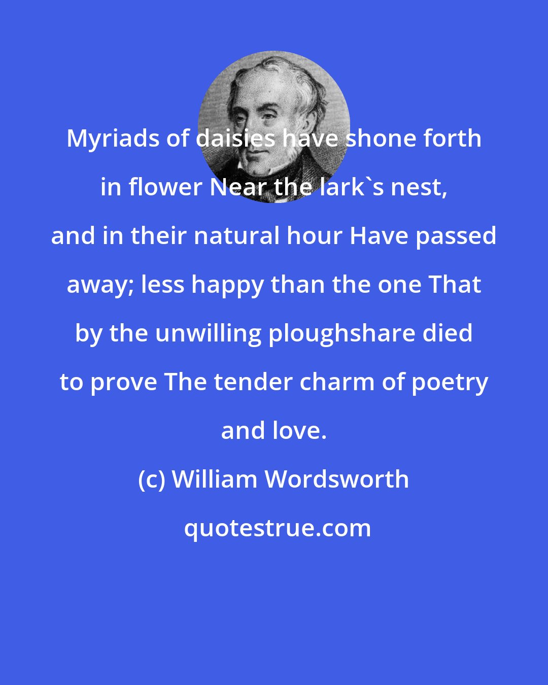 William Wordsworth: Myriads of daisies have shone forth in flower Near the lark's nest, and in their natural hour Have passed away; less happy than the one That by the unwilling ploughshare died to prove The tender charm of poetry and love.