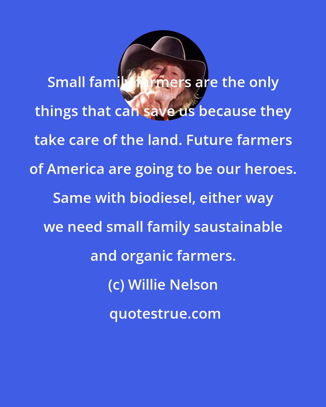 Willie Nelson: Small family farmers are the only things that can save us because they take care of the land. Future farmers of America are going to be our heroes. Same with biodiesel, either way we need small family saustainable and organic farmers.