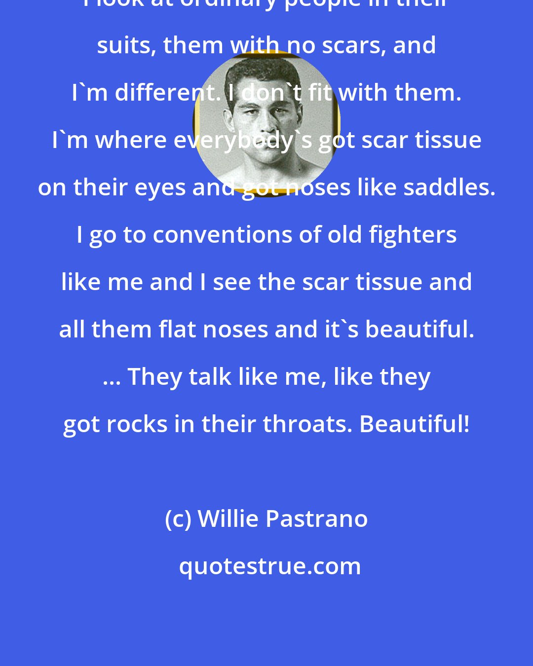 Willie Pastrano: I look at ordinary people in their suits, them with no scars, and I'm different. I don't fit with them. I'm where everybody's got scar tissue on their eyes and got noses like saddles. I go to conventions of old fighters like me and I see the scar tissue and all them flat noses and it's beautiful. ... They talk like me, like they got rocks in their throats. Beautiful!