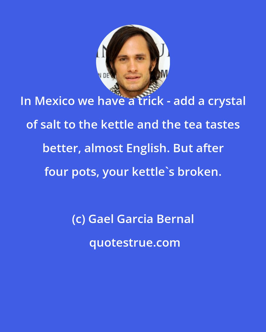 Gael Garcia Bernal: In Mexico we have a trick - add a crystal of salt to the kettle and the tea tastes better, almost English. But after four pots, your kettle's broken.