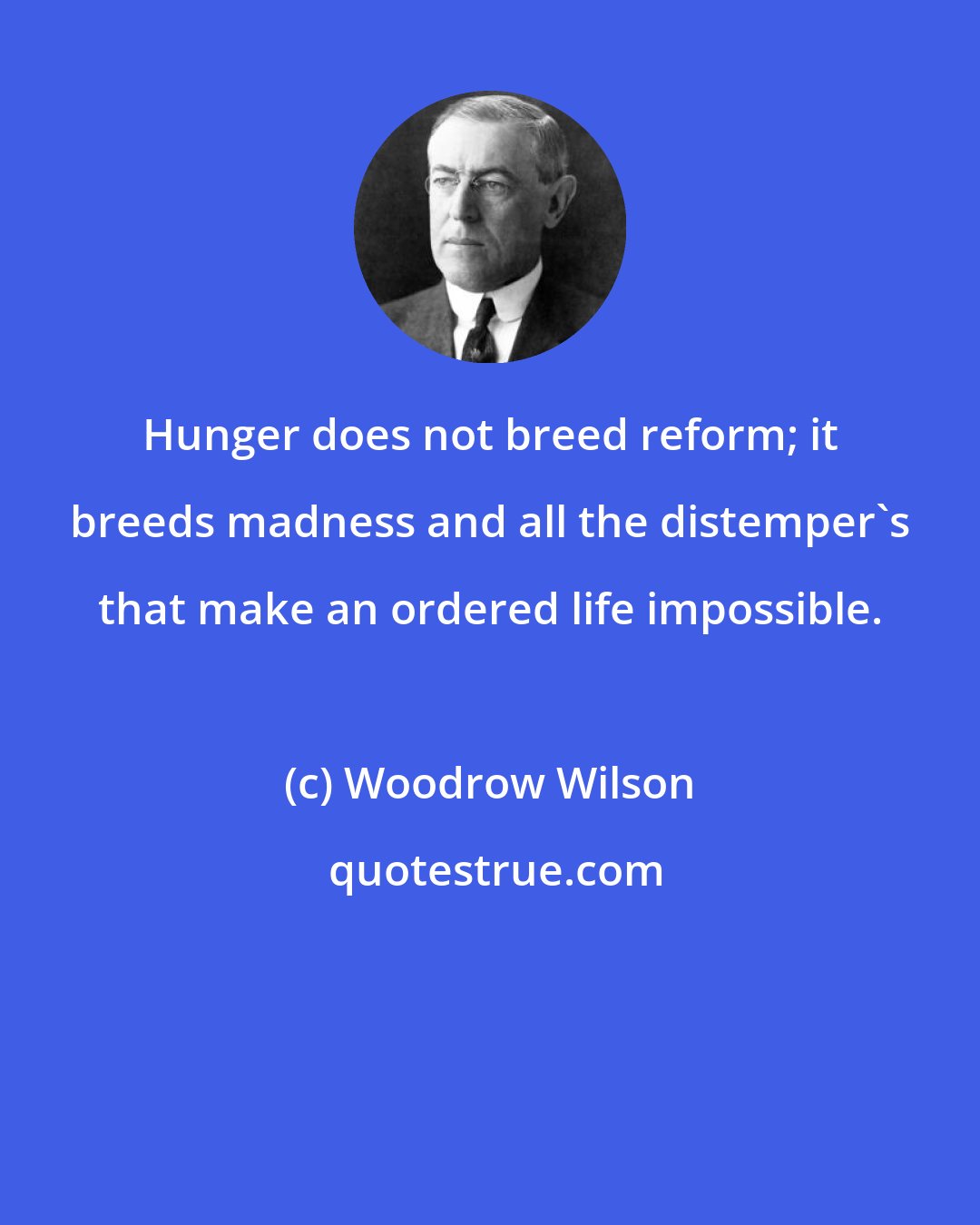 Woodrow Wilson: Hunger does not breed reform; it breeds madness and all the distemper's that make an ordered life impossible.