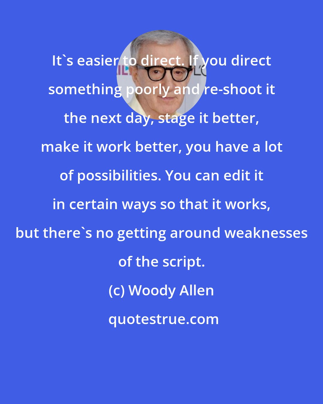 Woody Allen: It's easier to direct. If you direct something poorly and re-shoot it the next day, stage it better, make it work better, you have a lot of possibilities. You can edit it in certain ways so that it works, but there's no getting around weaknesses of the script.