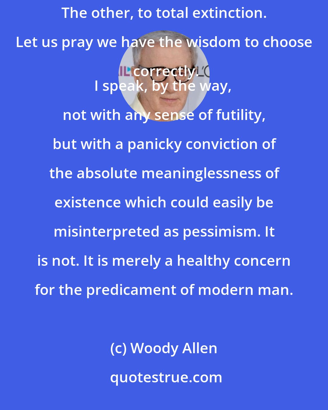 Woody Allen: More than at any other time in history, mankind faces a crossroads. One path leads to despair and utter hopelessness. The other, to total extinction. Let us pray we have the wisdom to choose correctly.
I speak, by the way, not with any sense of futility, but with a panicky conviction of the absolute meaninglessness of existence which could easily be misinterpreted as pessimism. It is not. It is merely a healthy concern for the predicament of modern man.