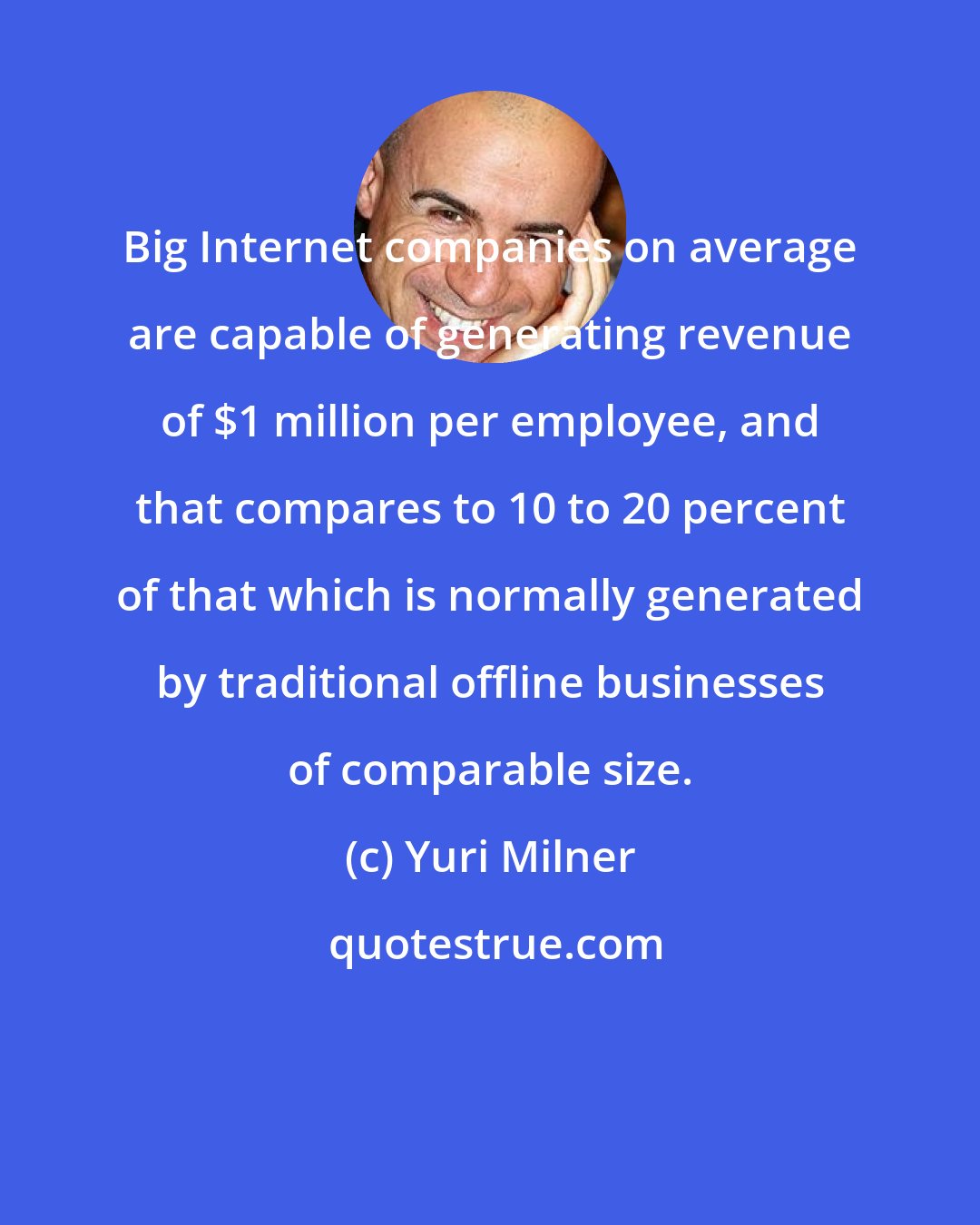 Yuri Milner: Big Internet companies on average are capable of generating revenue of $1 million per employee, and that compares to 10 to 20 percent of that which is normally generated by traditional offline businesses of comparable size.