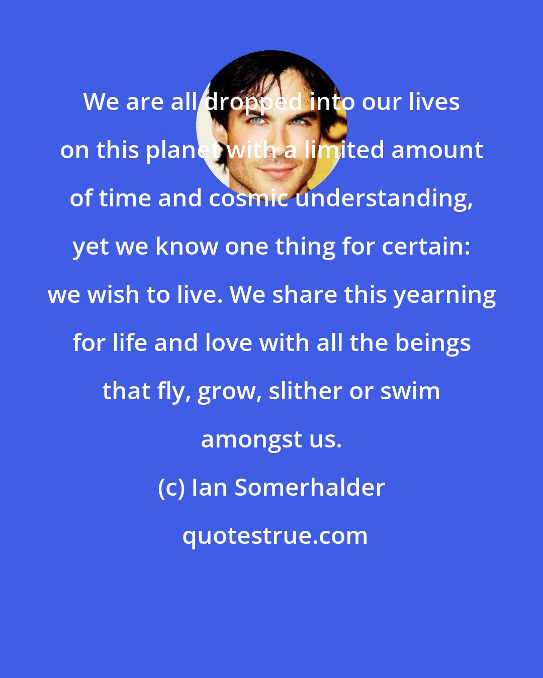 Ian Somerhalder: We are all dropped into our lives on this planet with a limited amount of time and cosmic understanding, yet we know one thing for certain: we wish to live. We share this yearning for life and love with all the beings that fly, grow, slither or swim amongst us.