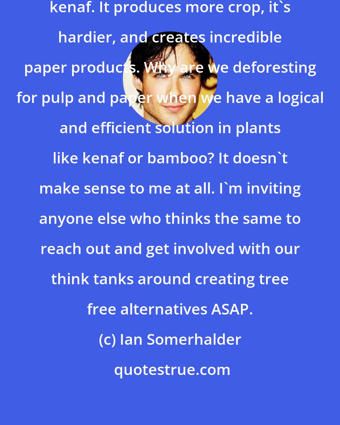 Ian Somerhalder: We have so many alternatives, like kenaf. It produces more crop, it's hardier, and creates incredible paper products. Why are we deforesting for pulp and paper when we have a logical and efficient solution in plants like kenaf or bamboo? It doesn't make sense to me at all. I'm inviting anyone else who thinks the same to reach out and get involved with our think tanks around creating tree free alternatives ASAP.