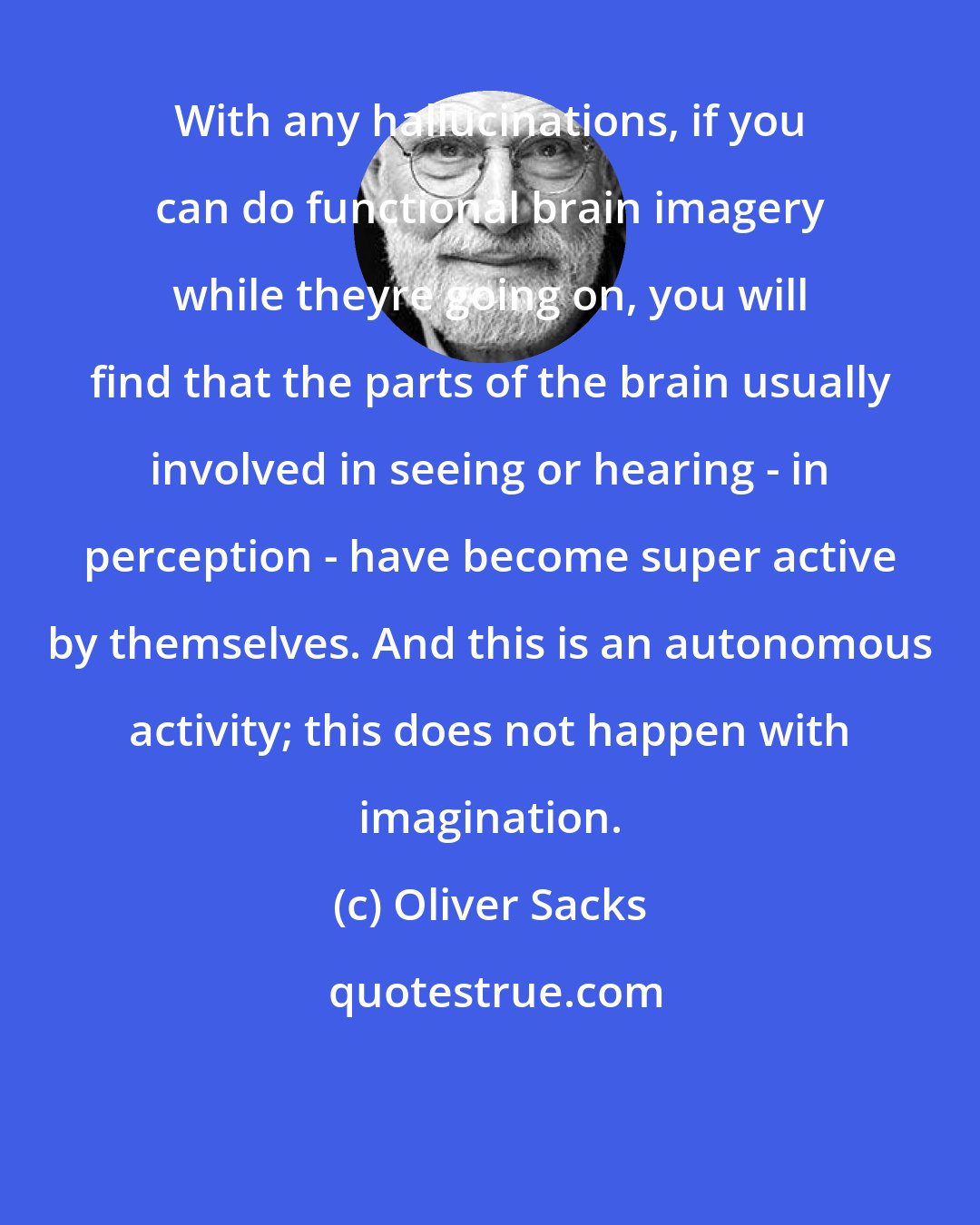 Oliver Sacks: With any hallucinations, if you can do functional brain imagery while theyre going on, you will find that the parts of the brain usually involved in seeing or hearing - in perception - have become super active by themselves. And this is an autonomous activity; this does not happen with imagination.