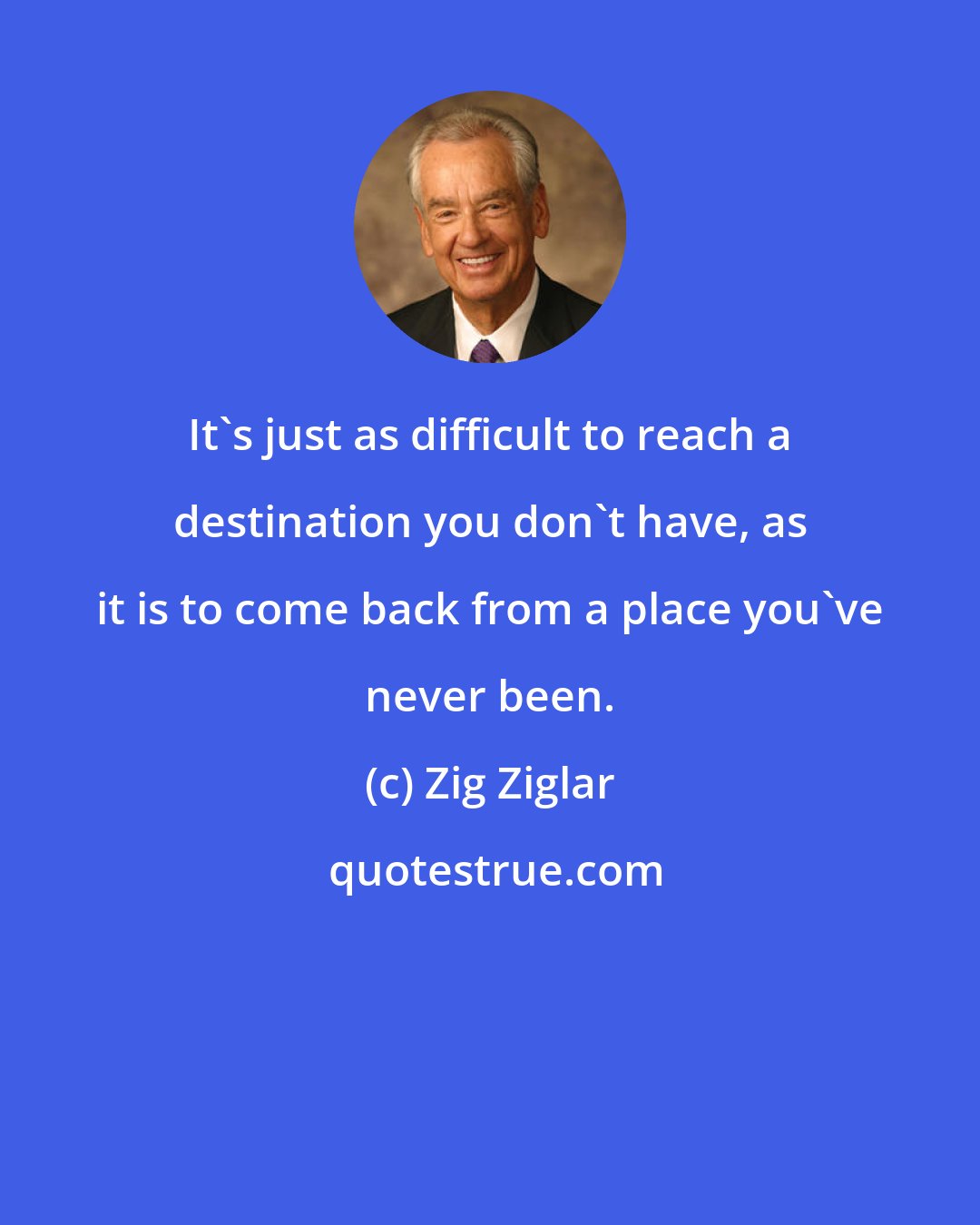 Zig Ziglar: It's just as difficult to reach a destination you don't have, as it is to come back from a place you've never been.