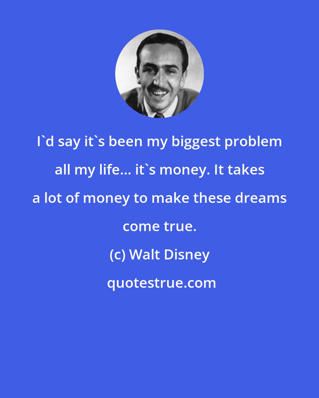Walt Disney: I'd say it's been my biggest problem all my life... it's money. It takes a lot of money to make these dreams come true.