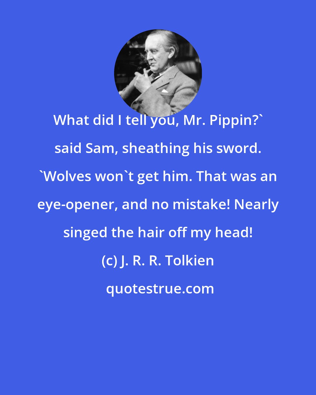 J. R. R. Tolkien: What did I tell you, Mr. Pippin?' said Sam, sheathing his sword. 'Wolves won't get him. That was an eye-opener, and no mistake! Nearly singed the hair off my head!