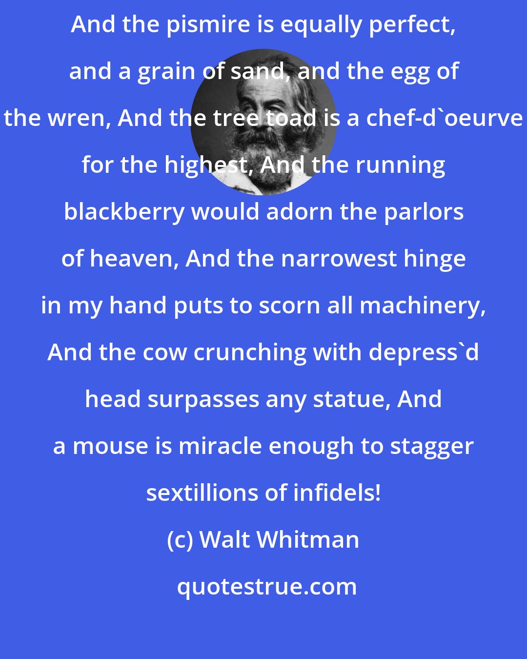 Walt Whitman: I believe a leaf of grass is no less than the journeywork of the stars, And the pismire is equally perfect, and a grain of sand, and the egg of the wren, And the tree toad is a chef-d'oeurve for the highest, And the running blackberry would adorn the parlors of heaven, And the narrowest hinge in my hand puts to scorn all machinery, And the cow crunching with depress'd head surpasses any statue, And a mouse is miracle enough to stagger sextillions of infidels!