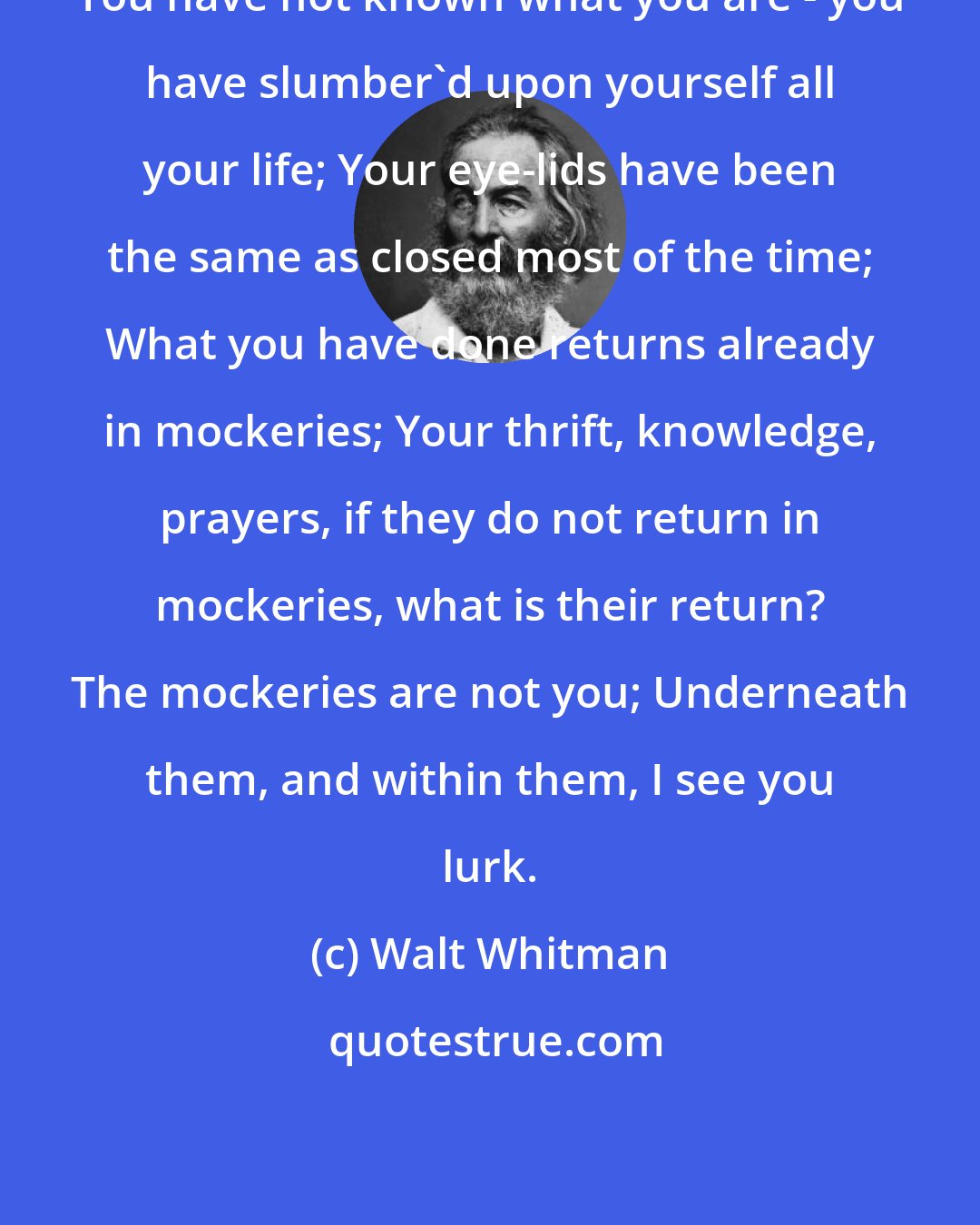 Walt Whitman: You have not known what you are - you have slumber'd upon yourself all your life; Your eye-lids have been the same as closed most of the time; What you have done returns already in mockeries; Your thrift, knowledge, prayers, if they do not return in mockeries, what is their return? The mockeries are not you; Underneath them, and within them, I see you lurk.