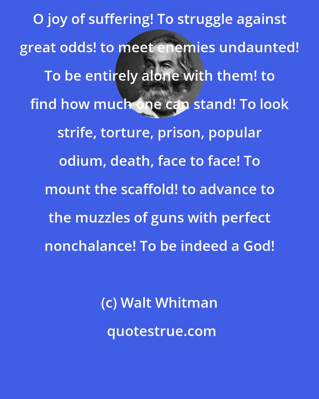 Walt Whitman: O joy of suffering! To struggle against great odds! to meet enemies undaunted! To be entirely alone with them! to find how much one can stand! To look strife, torture, prison, popular odium, death, face to face! To mount the scaffold! to advance to the muzzles of guns with perfect nonchalance! To be indeed a God!
