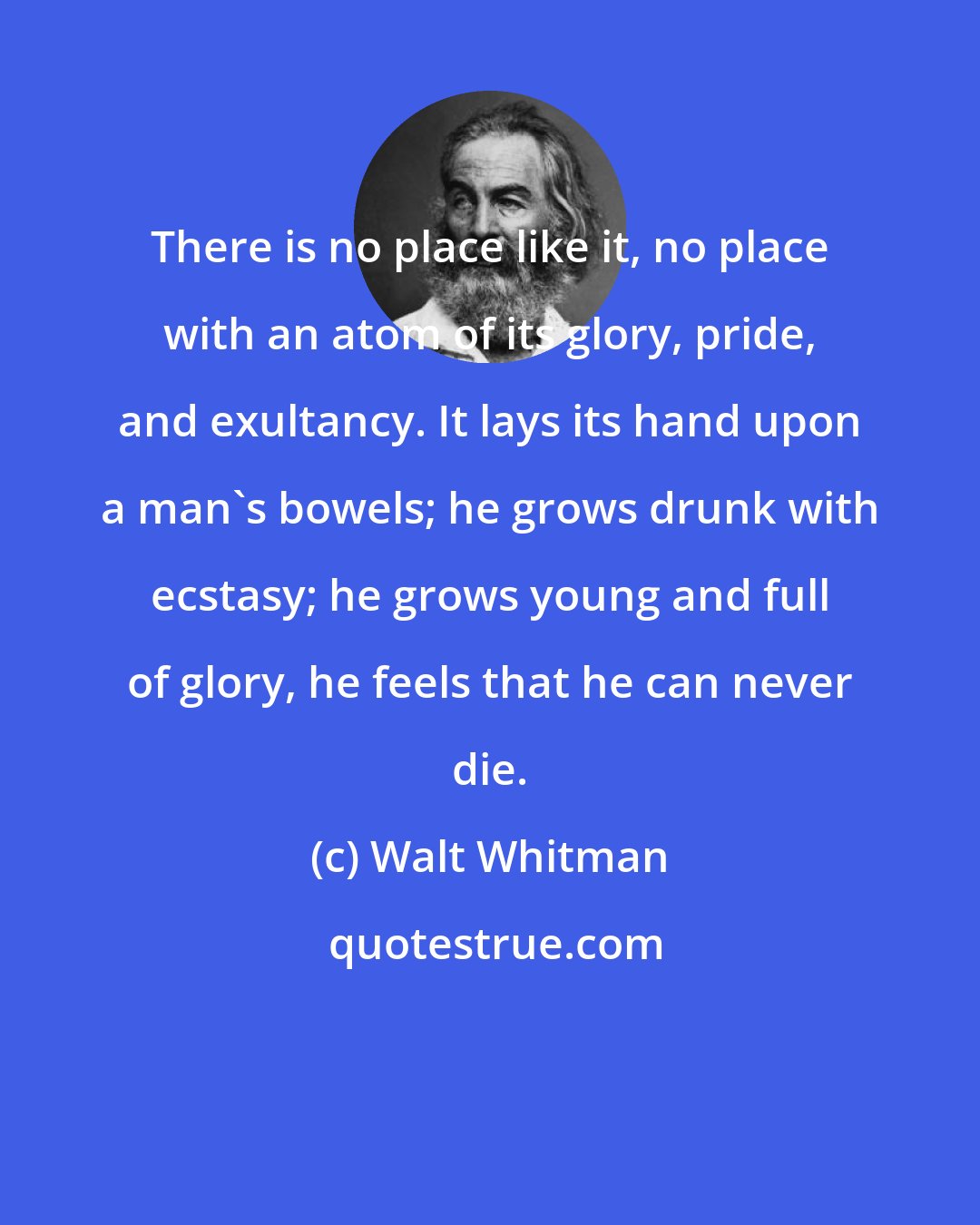 Walt Whitman: There is no place like it, no place with an atom of its glory, pride, and exultancy. It lays its hand upon a man's bowels; he grows drunk with ecstasy; he grows young and full of glory, he feels that he can never die.