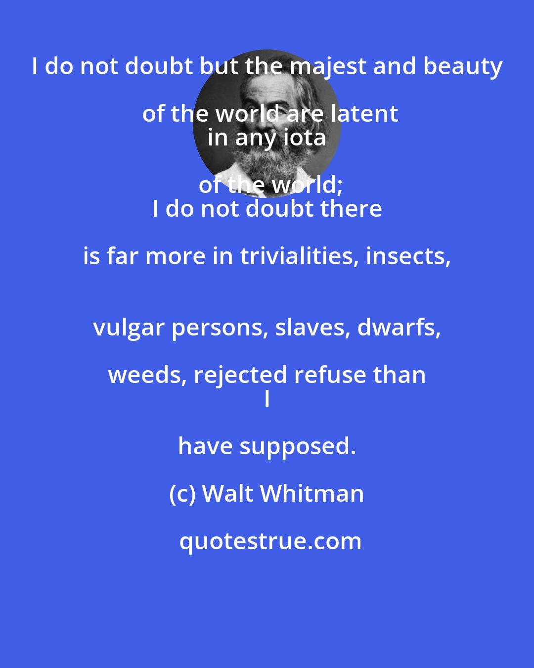 Walt Whitman: I do not doubt but the majest and beauty of the world are latent
 in any iota of the world;
 I do not doubt there is far more in trivialities, insects, 
 vulgar persons, slaves, dwarfs, weeds, rejected refuse than 
 I have supposed.