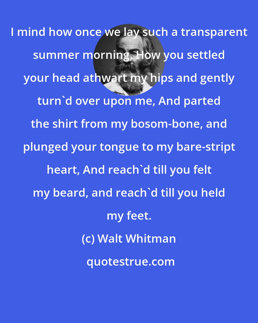 Walt Whitman: I mind how once we lay such a transparent summer morning, How you settled your head athwart my hips and gently turn'd over upon me, And parted the shirt from my bosom-bone, and plunged your tongue to my bare-stript heart, And reach'd till you felt my beard, and reach'd till you held my feet.