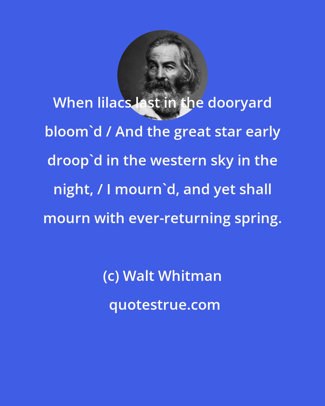 Walt Whitman: When lilacs last in the dooryard bloom'd / And the great star early droop'd in the western sky in the night, / I mourn'd, and yet shall mourn with ever-returning spring.