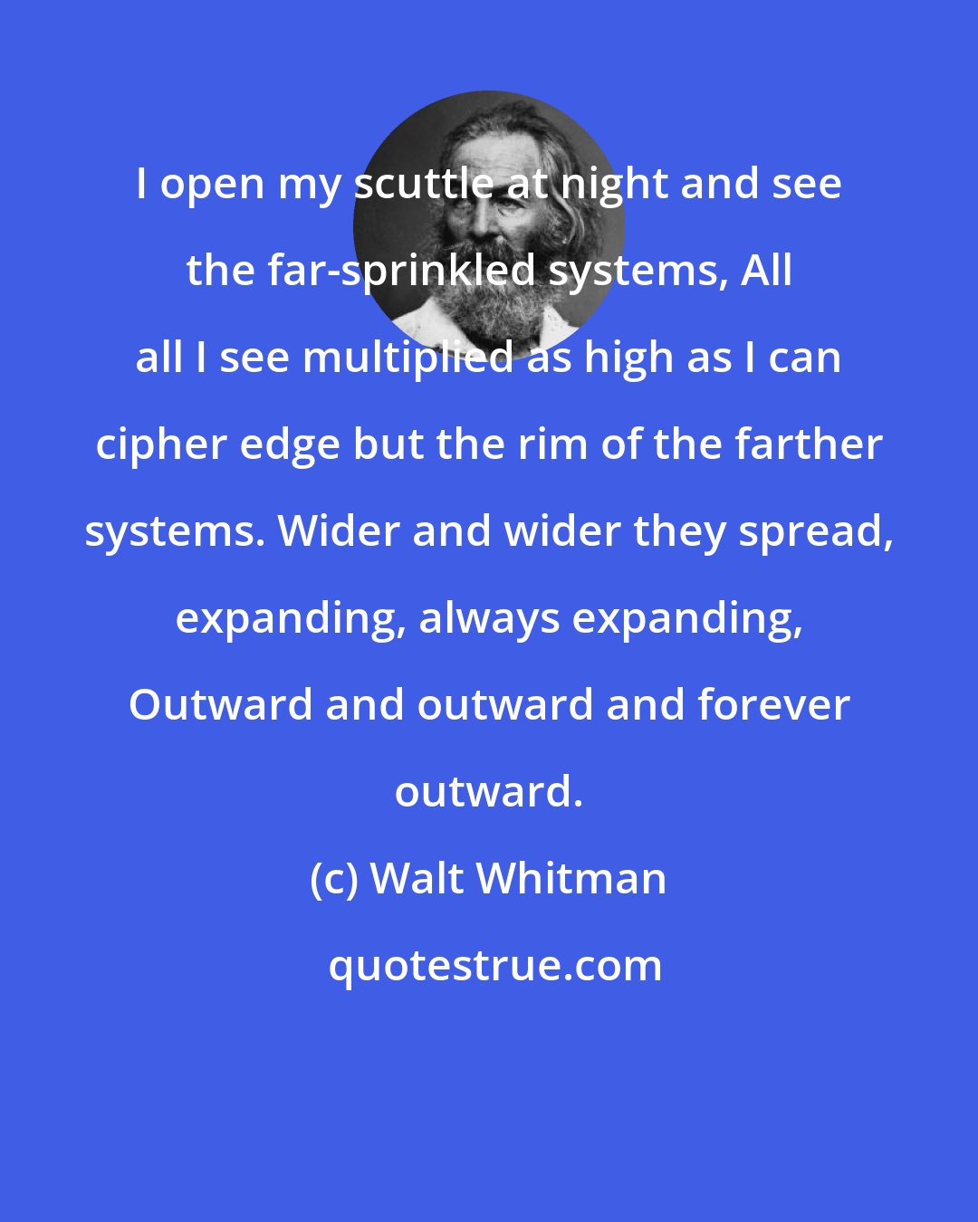 Walt Whitman: I open my scuttle at night and see the far-sprinkled systems, All all I see multiplied as high as I can cipher edge but the rim of the farther systems. Wider and wider they spread, expanding, always expanding, Outward and outward and forever outward.